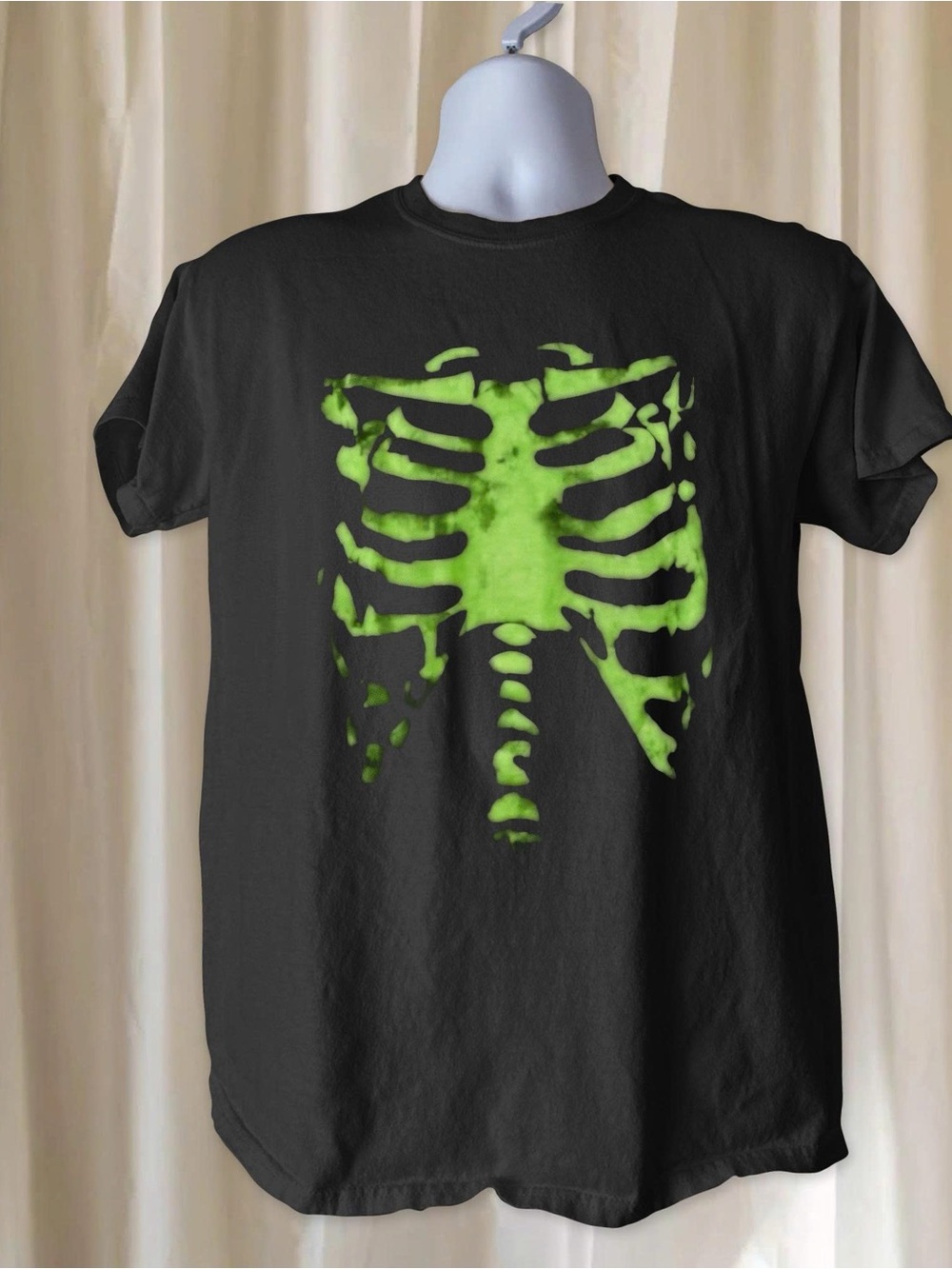 Neon Green Skeleton Ribcage Graphic Gildan Black Tshirt Men Casual